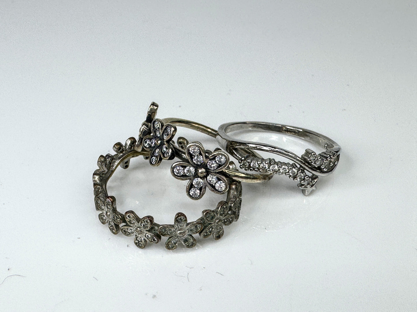 Lot of 3 Sterling Silver Floral & Rhinestone Rings JR1738