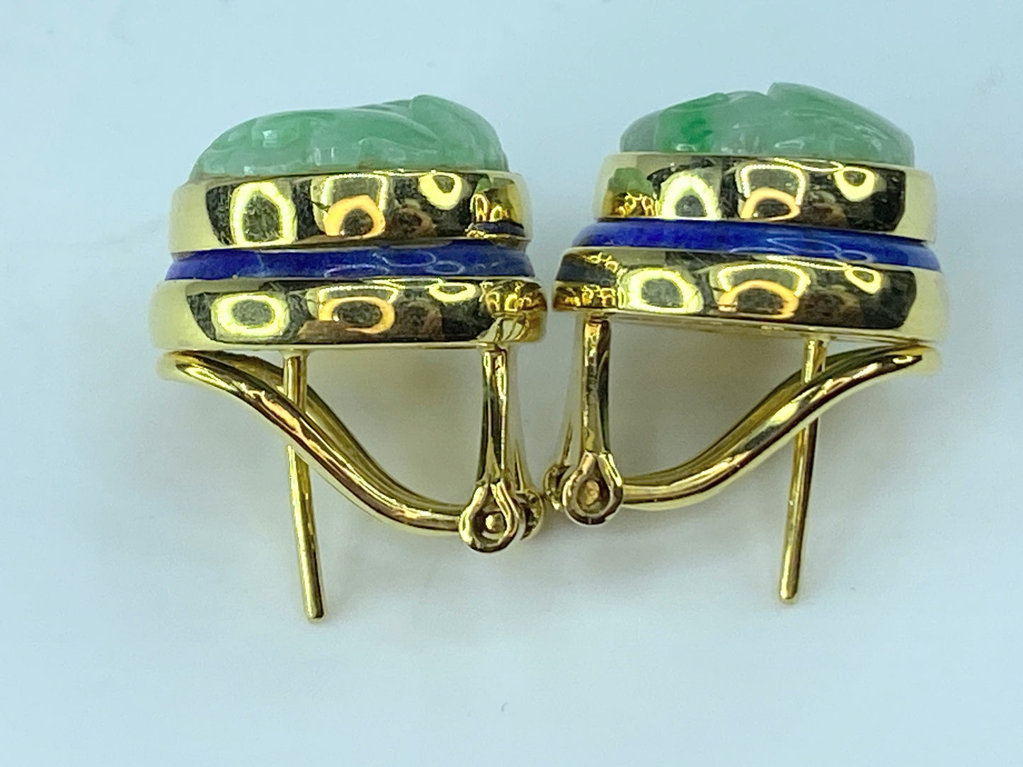 GIA variegated green Jadeite jade Lapis Lazuli 14K omega back earrings JR9256
