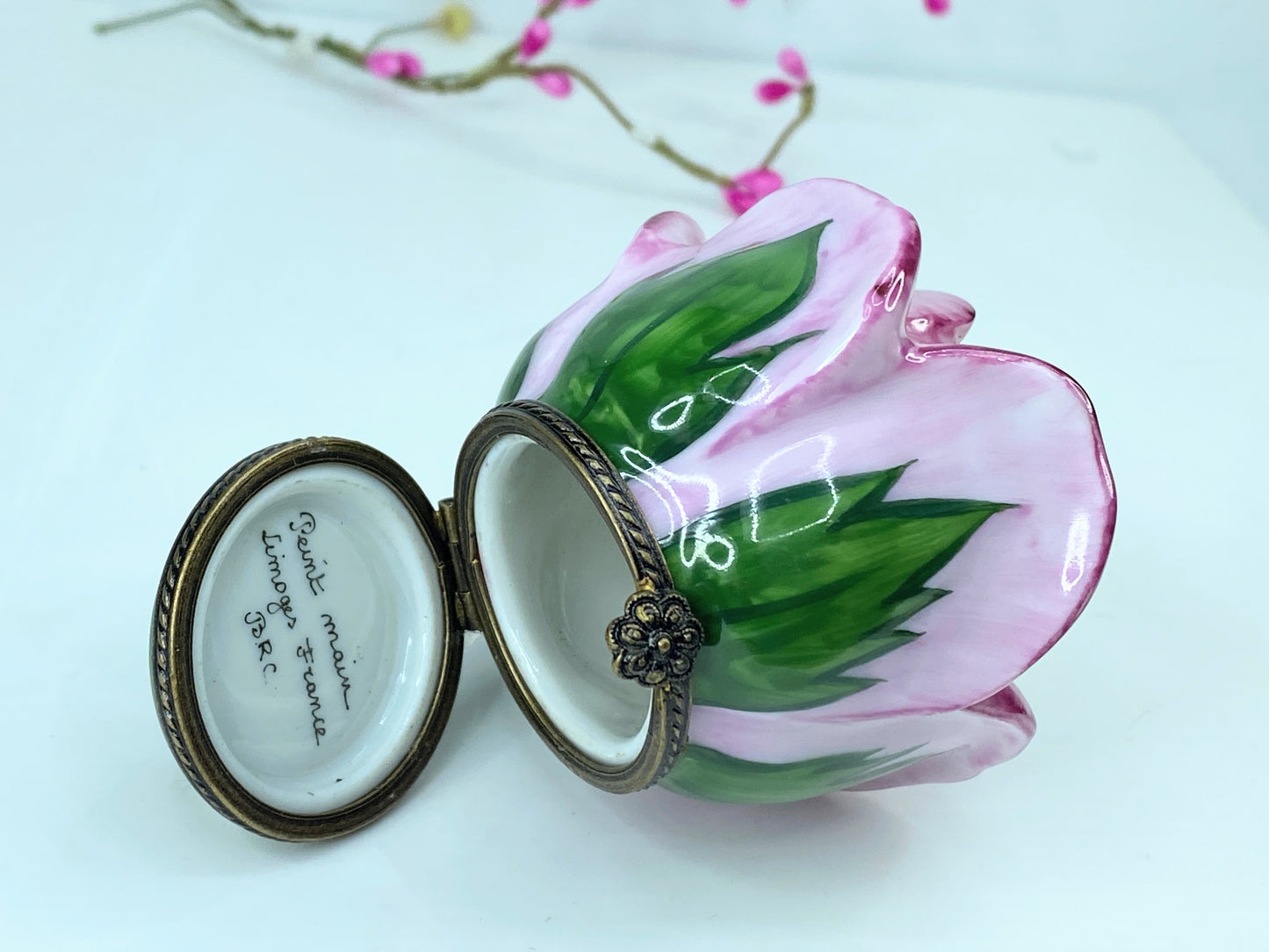 Ornate Signed BRC Limoges Peint Main Open Rose Bud Limoges trinket box A542