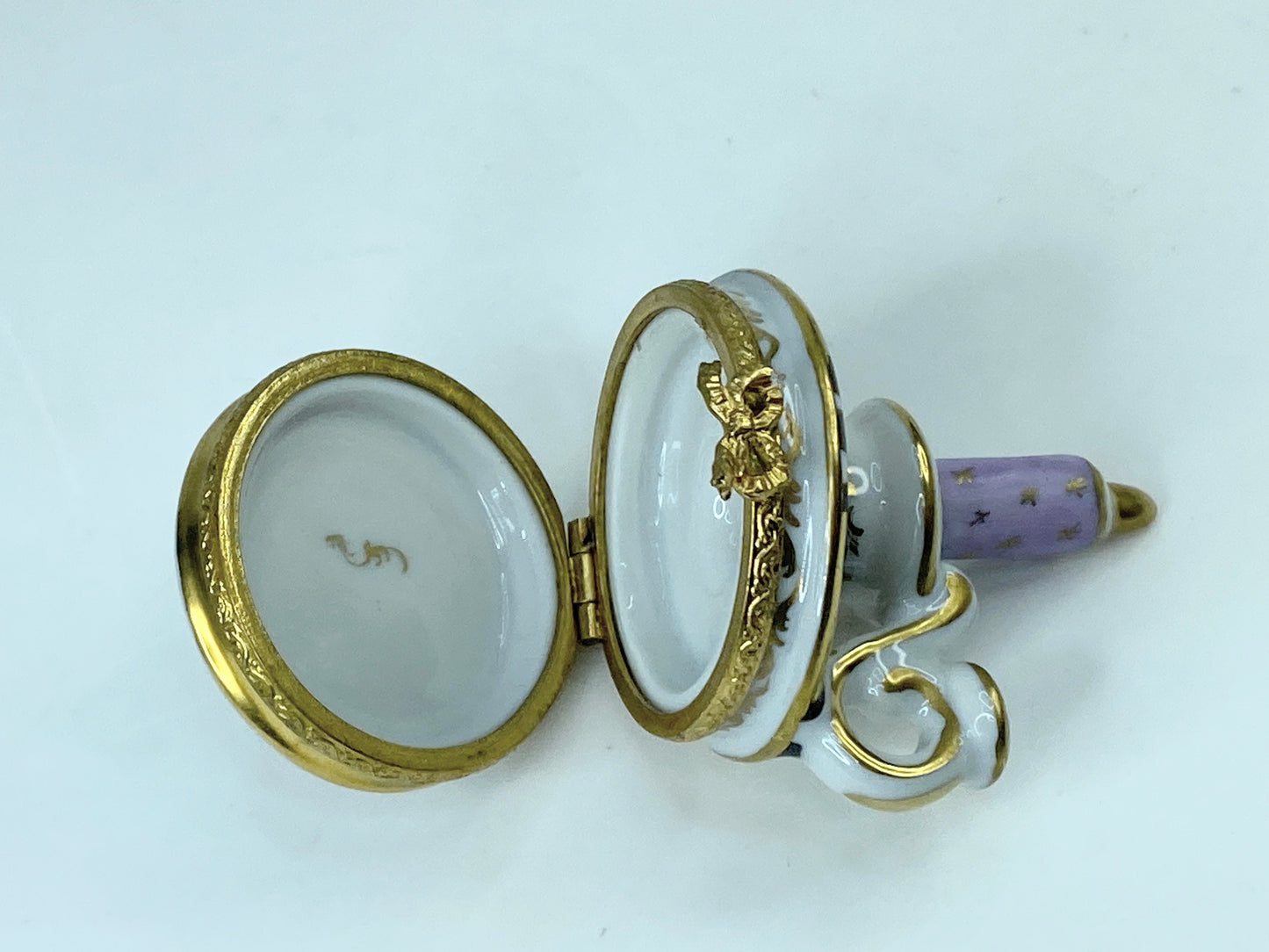 Signed Limoges France Lavender mini-sized candlestick trinket box A555