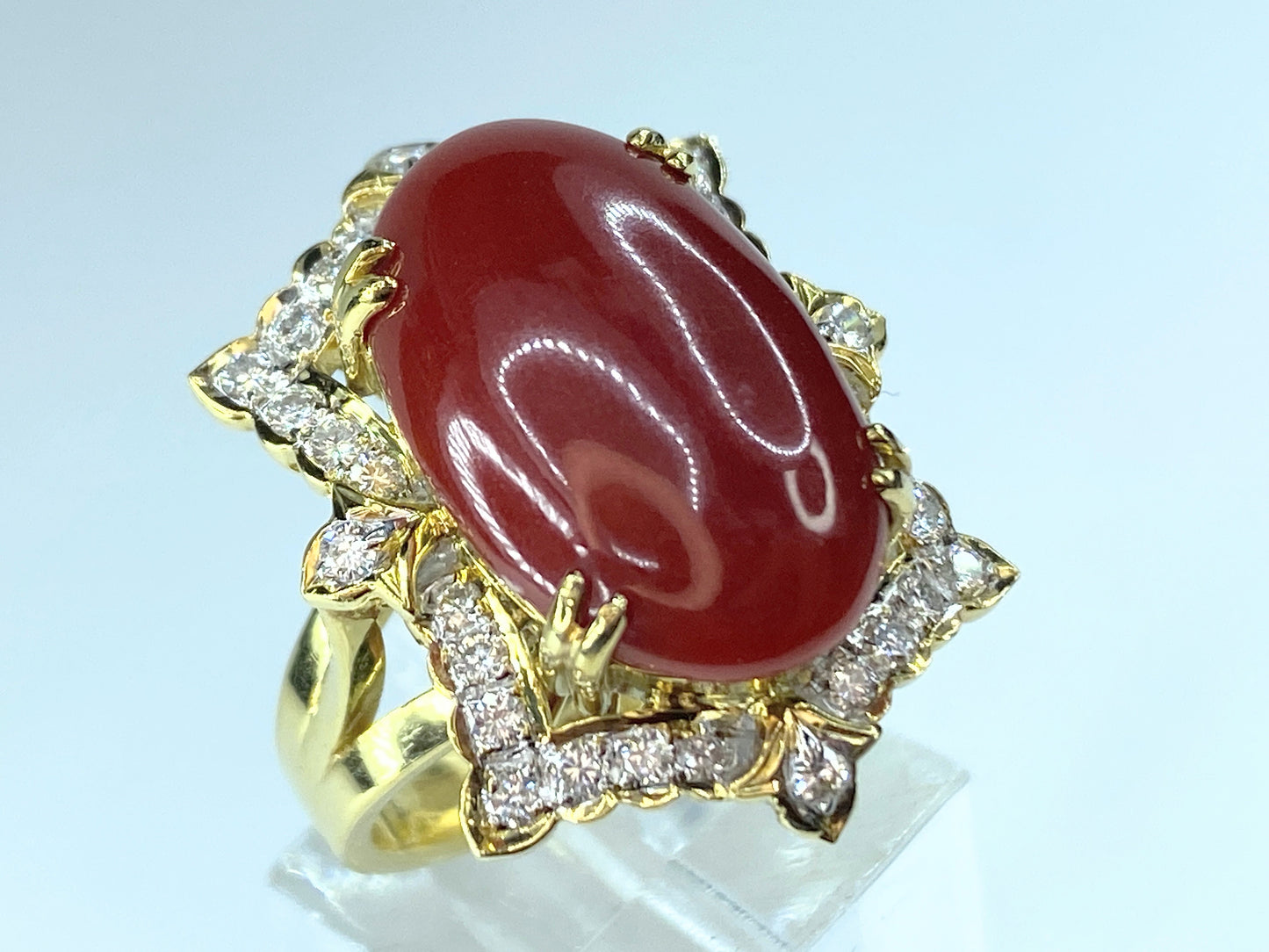 GIA 18K translucent Red natural Coral 0.6ct Diamond ring JR9262