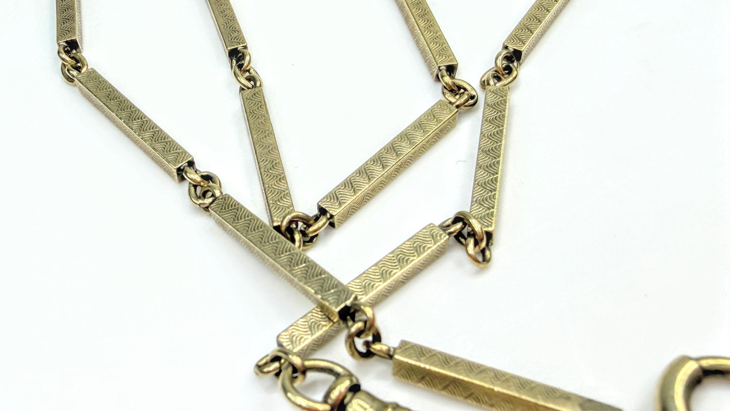 Antique 18K yellow Gold Etched long Bar Link Pocket Watch Chain 17.6g, 14" SS338