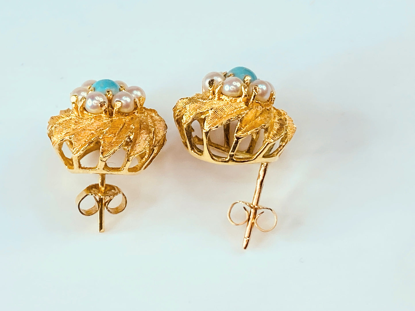 14 karat cultured Pearls Turquoise cabochon Bombe post earrings