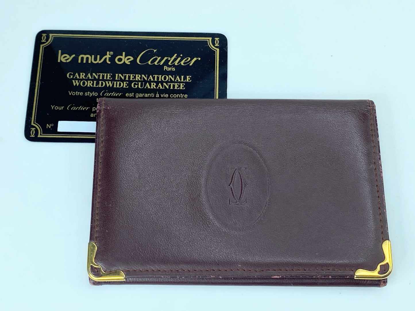 Cartier Must De Bordeaux Leather Card Holder Wallet Gold Corner Accents GS422