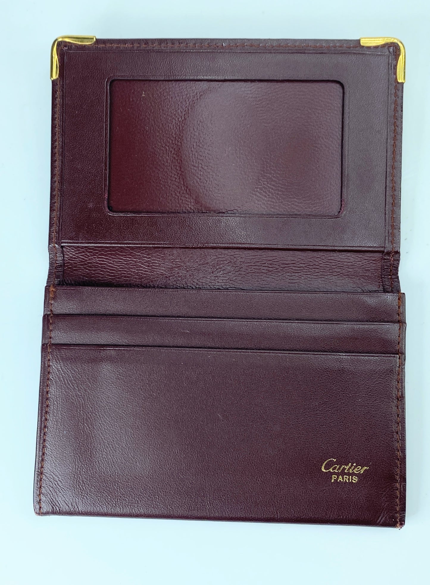 Cartier Must De Bordeaux Leather Card Holder Wallet Gold Corner Accents GS422