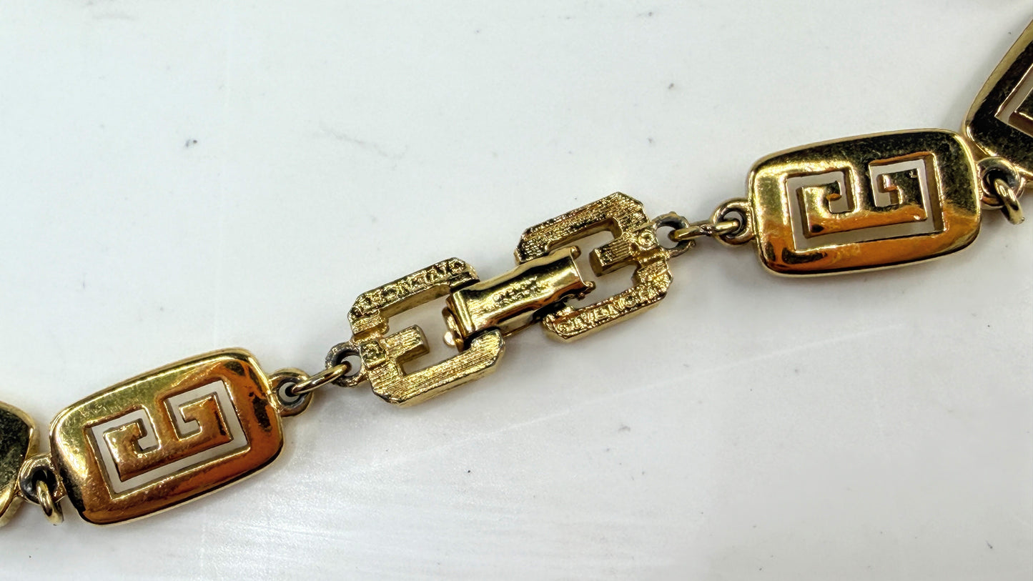 Vintage Givenchy Gold Tone Greek Key Long Link Necklace Box GS821
