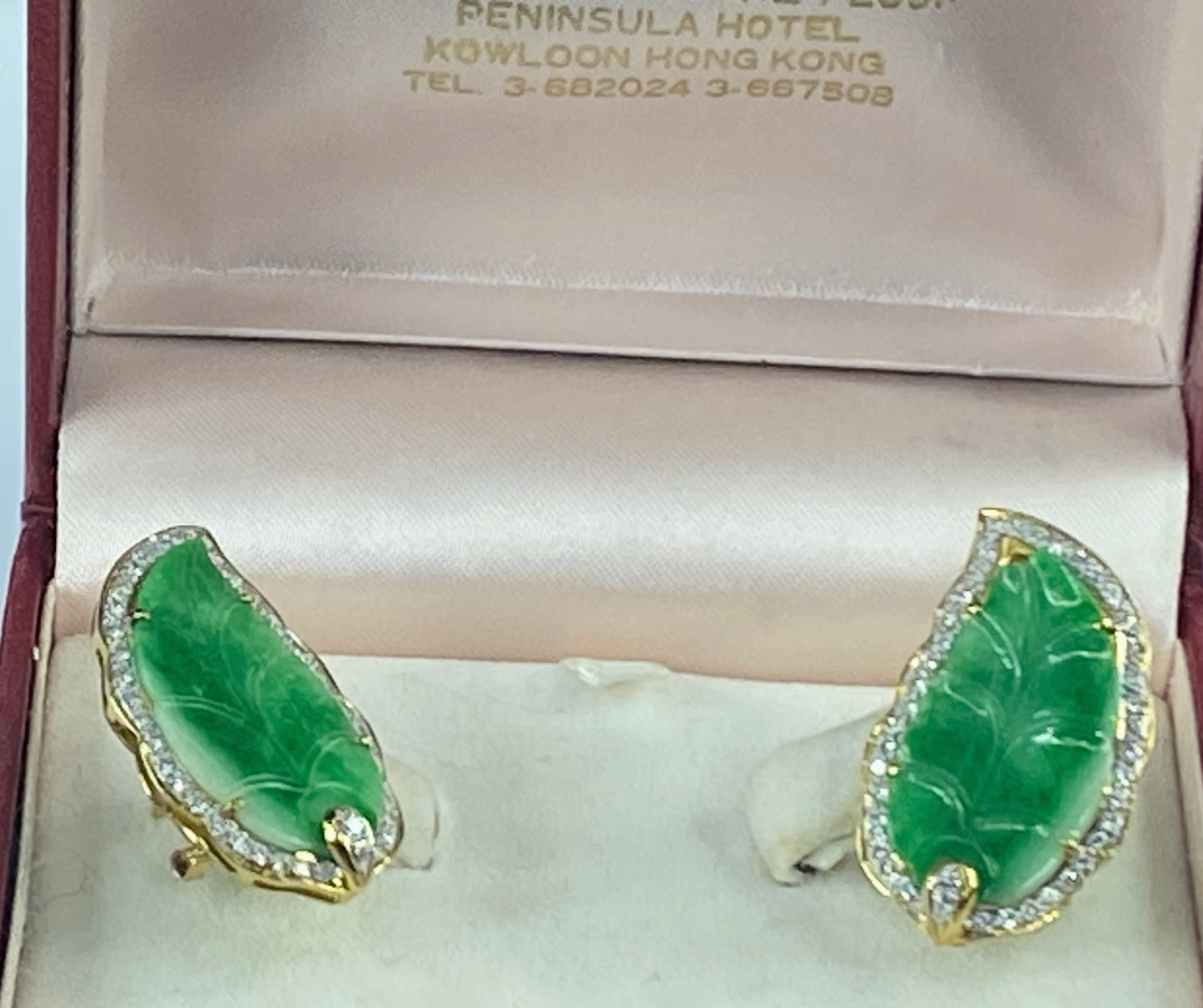 c1960's 18 karat Jadeite Foliage Diamond embellished earrings 15.4g