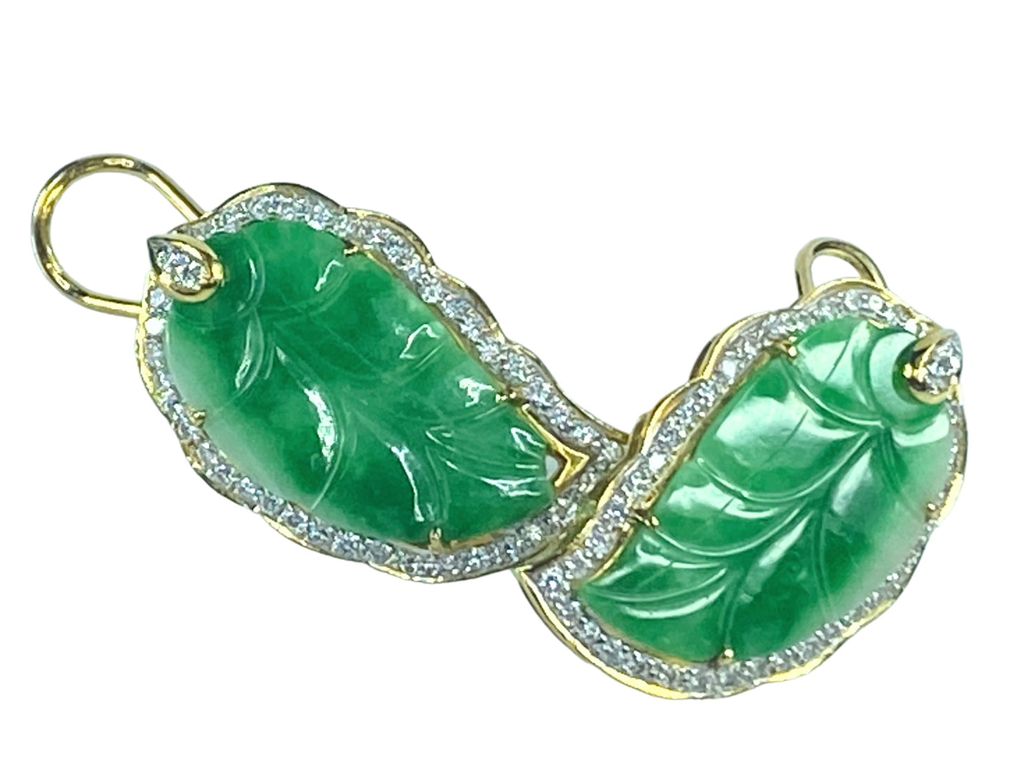 c1960's 18 karat Jadeite Foliage Diamond embellished earrings 15.4g