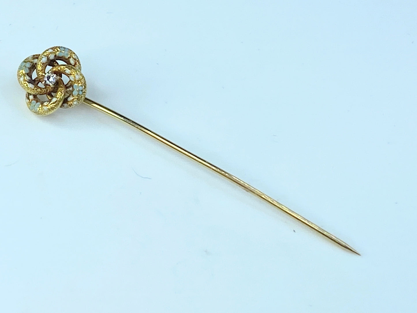 Victorian enamel Love Knot 14k Old European Diamond Groom’s stick pin