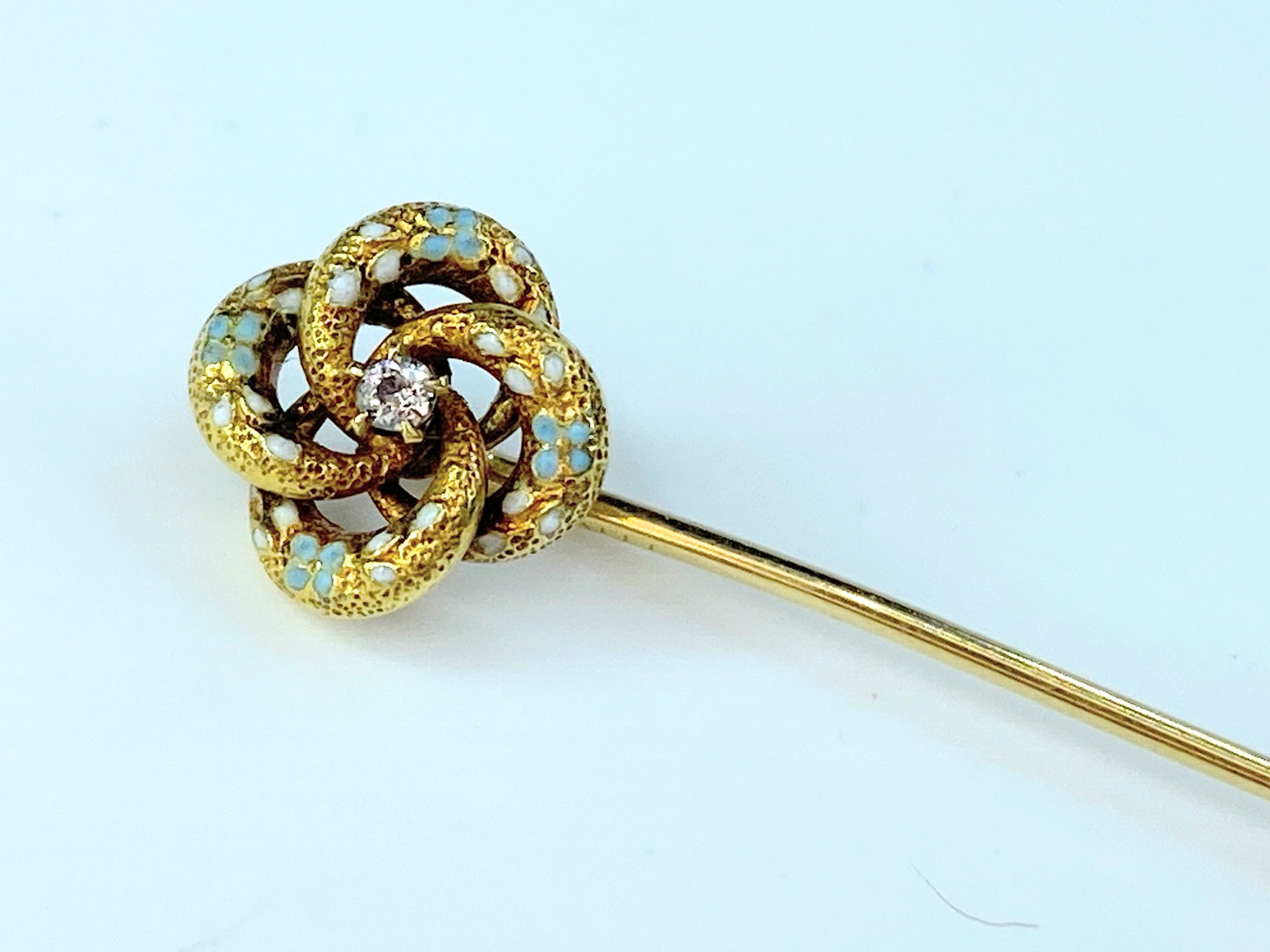 Victorian enamel Love Knot 14k Old European Diamond Groom’s stick pin