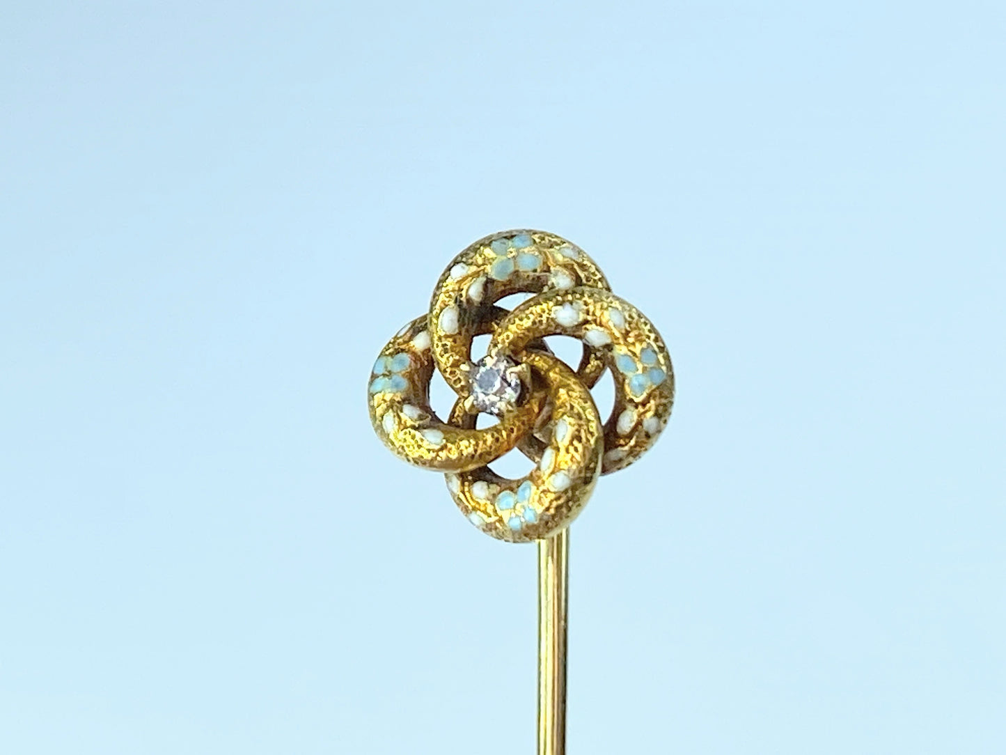 Victorian enamel Love Knot 14k Old European Diamond Groom’s stick pin