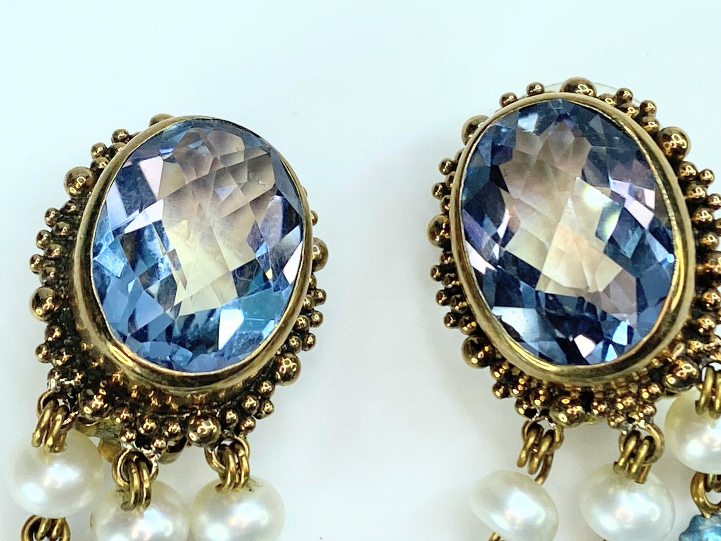 Stephen Dweck 18.6mm Faceted Topaz Freshwater pearls gold tone earrings 2" G102