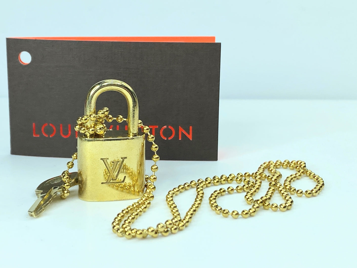 Authentic Louis Vuitton PadLock Lock & Key Brass Gold w/NON-BRAND necklace GS434