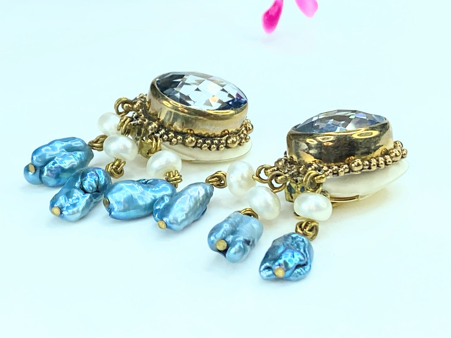 Stephen Dweck 18.6mm Faceted Topaz Freshwater pearls gold tone earrings 2" G102