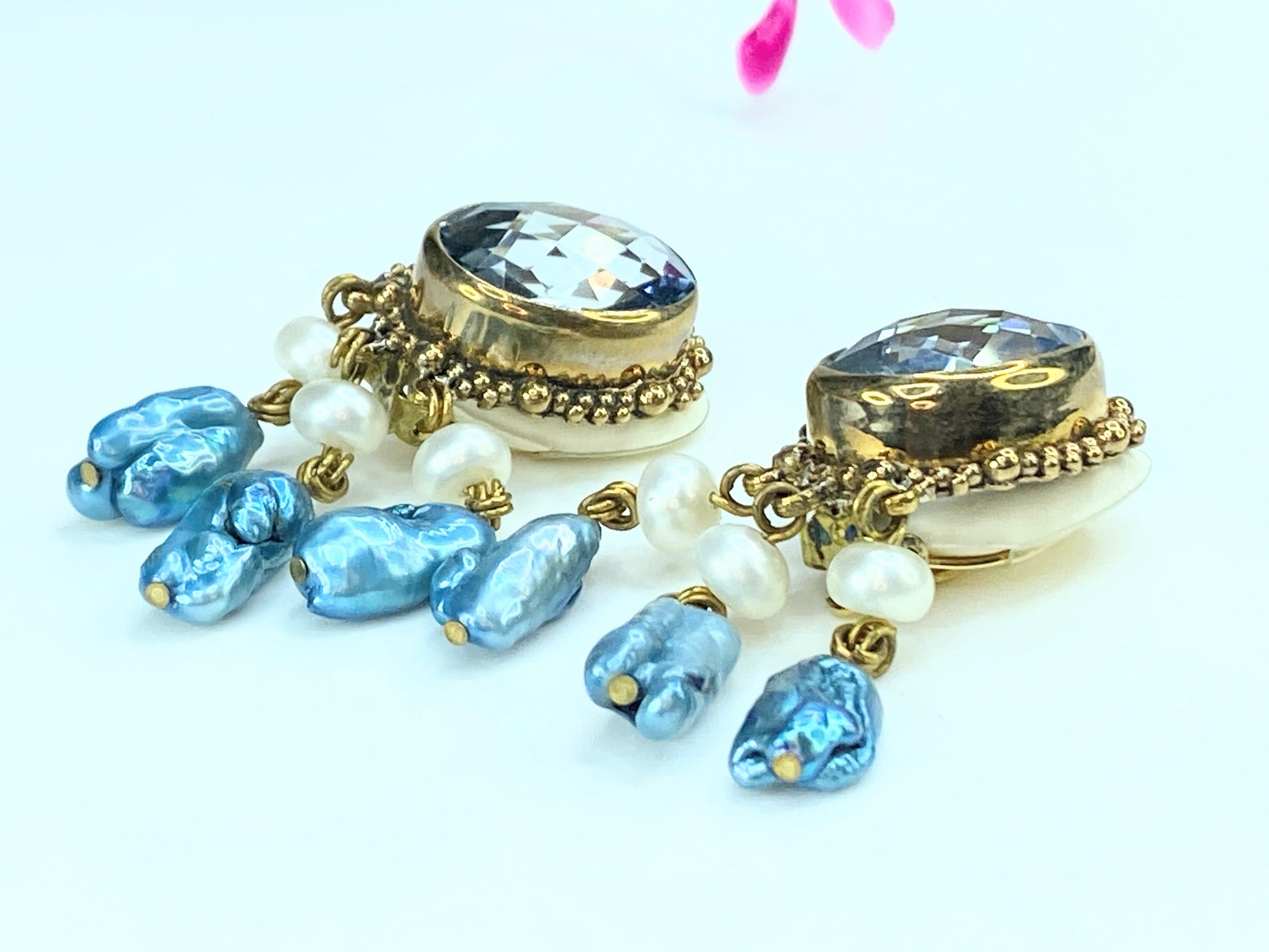 Stephen Dweck 18.6mm Faceted Topaz Freshwater pearls gold tone earrings 2" G102