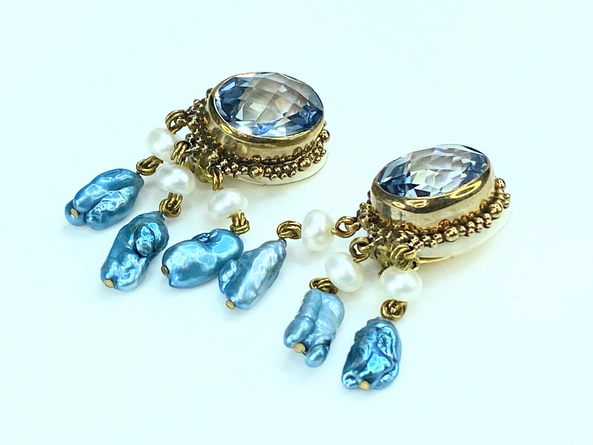 Stephen Dweck 18.6mm Faceted Topaz Freshwater pearls gold tone earrings 2" G102