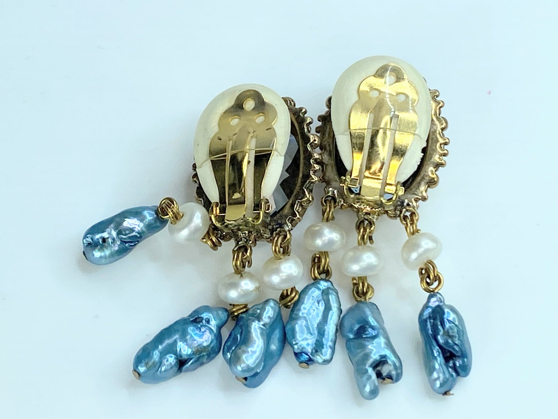 Stephen Dweck 18.6mm Faceted Topaz Freshwater pearls gold tone earrings 2" G102