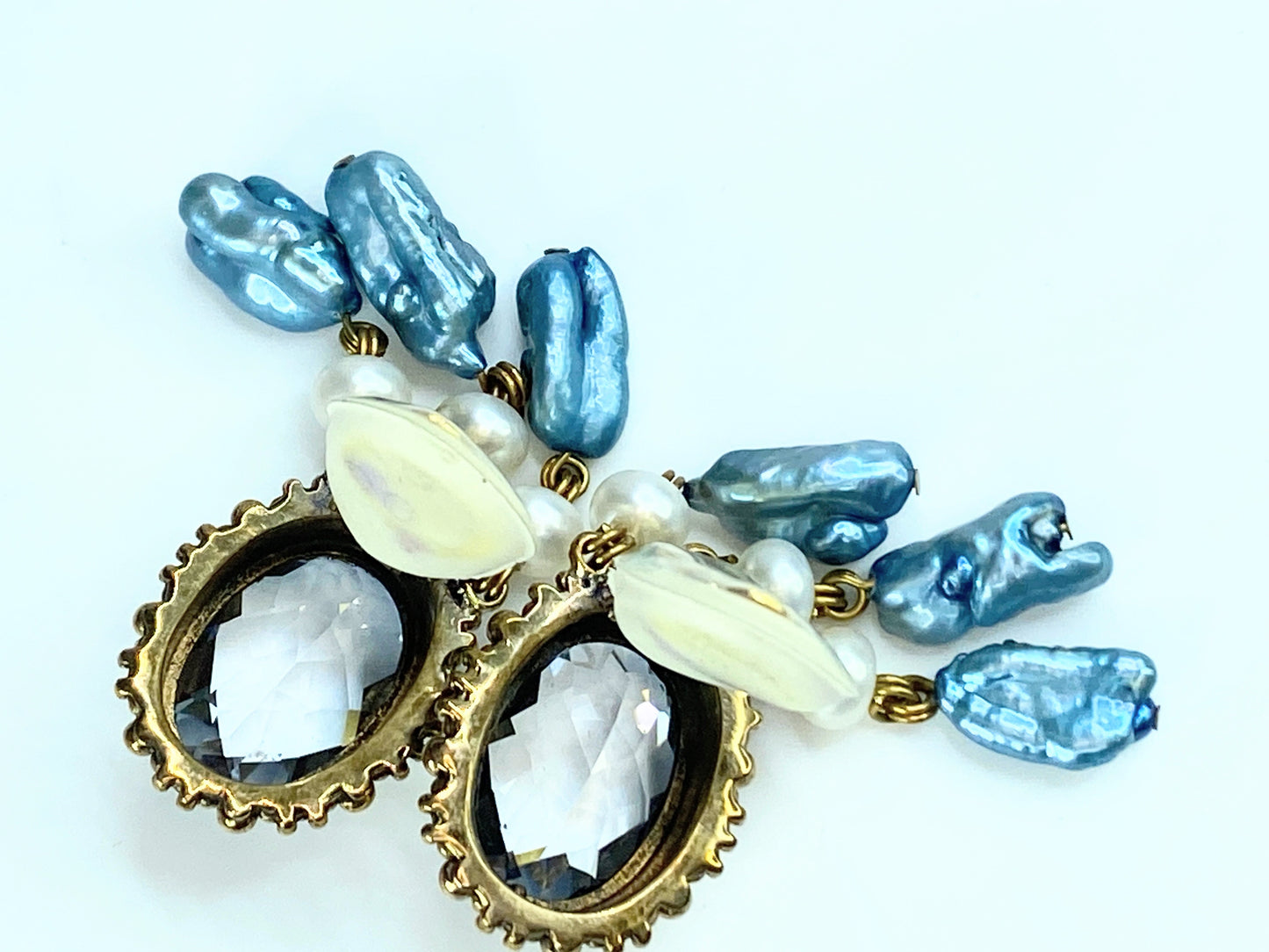 Stephen Dweck 18.6mm Faceted Topaz Freshwater pearls gold tone earrings 2" G102