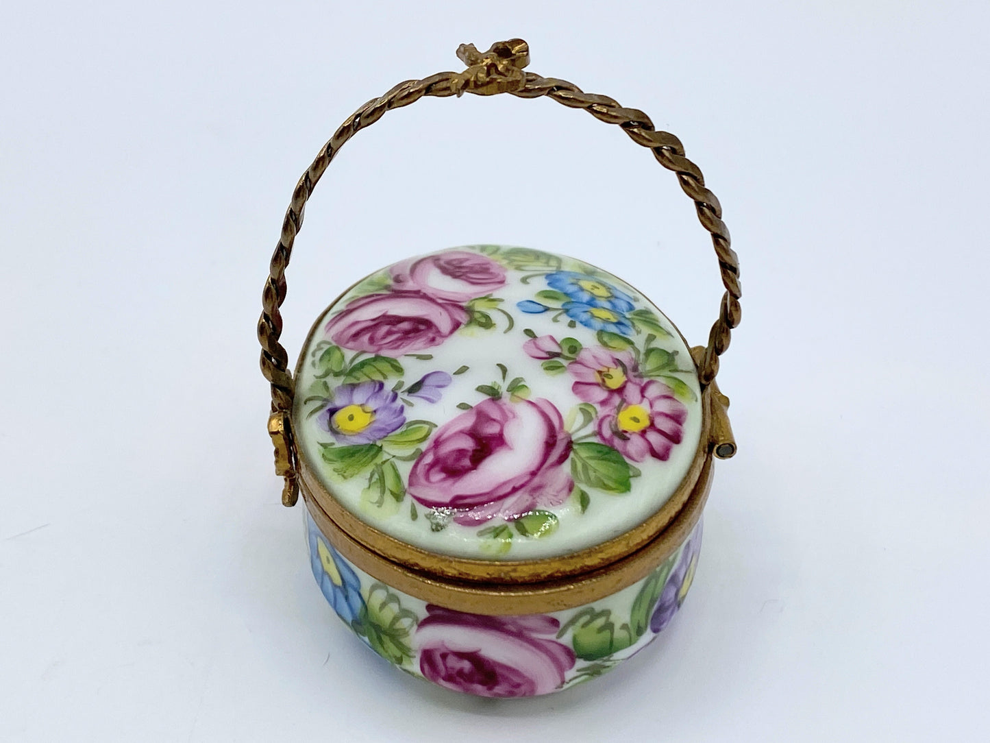 Limoges France Peint Main Flower basket Imperial handle trinket