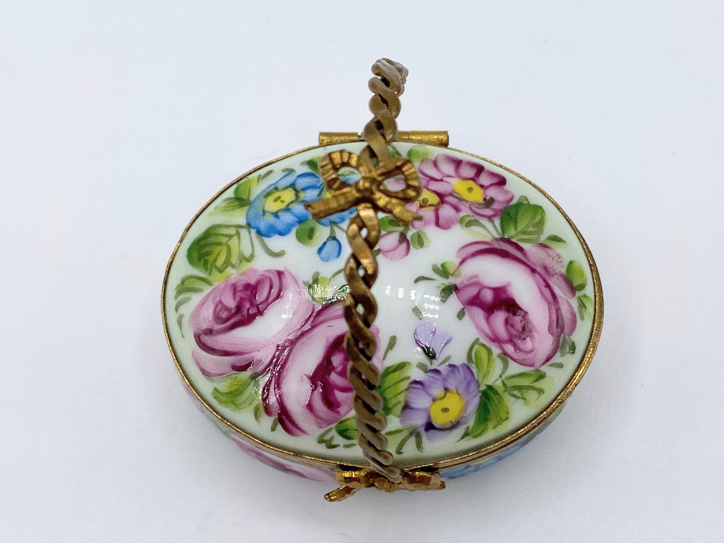 Limoges France Peint Main Flower basket Imperial handle trinket