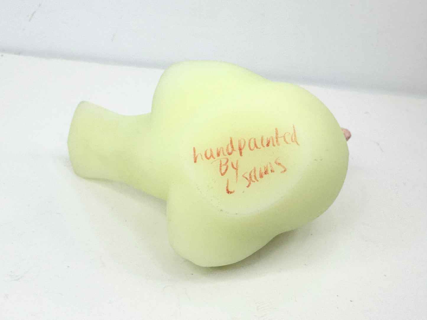 Fenton satin custard uranium art glass bird floral handpainted by L Fleming A487