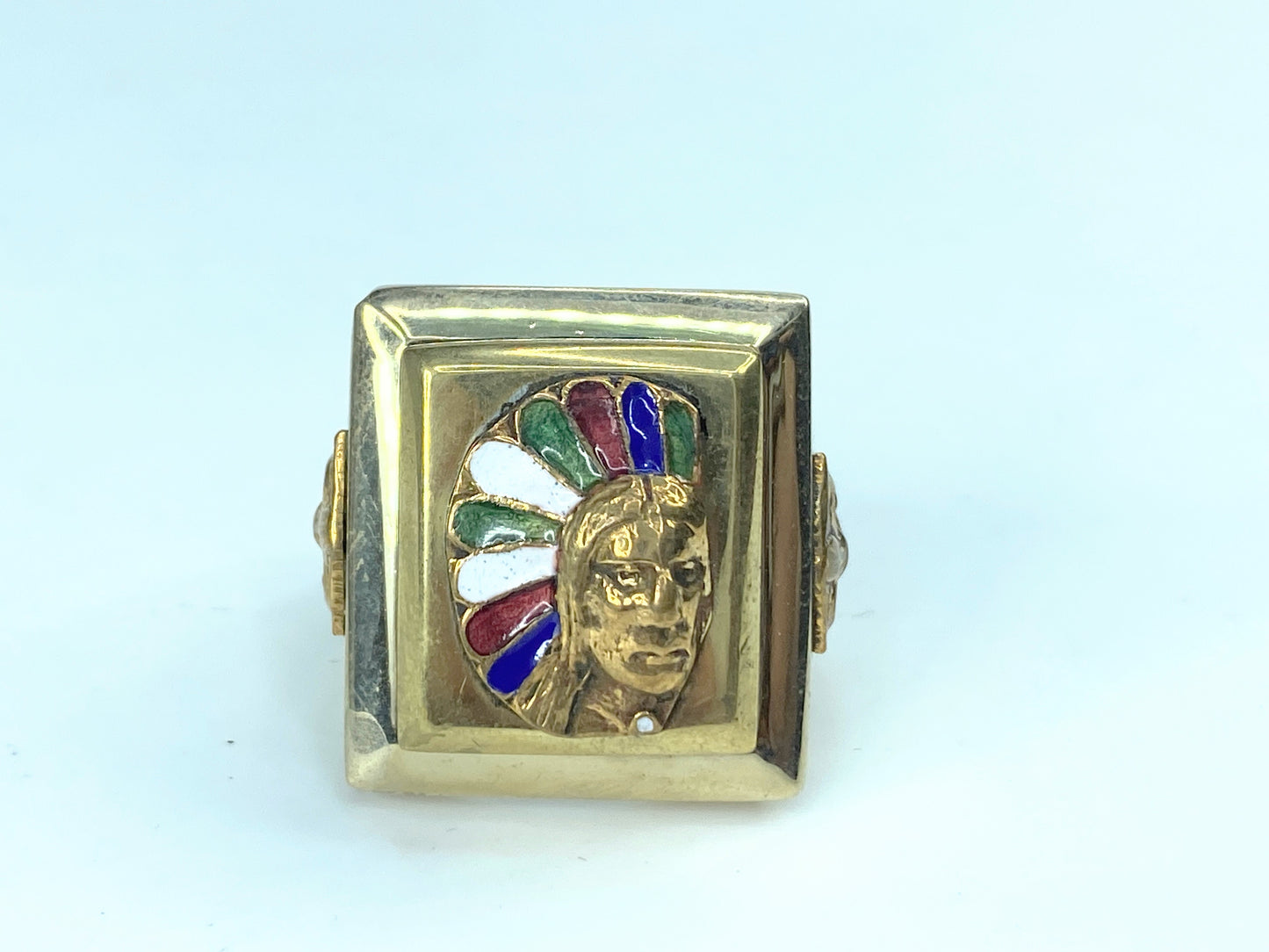 Vintage Enameled Indian Biker's Chief Mexican Ring 42.6g s10.5 JR9852