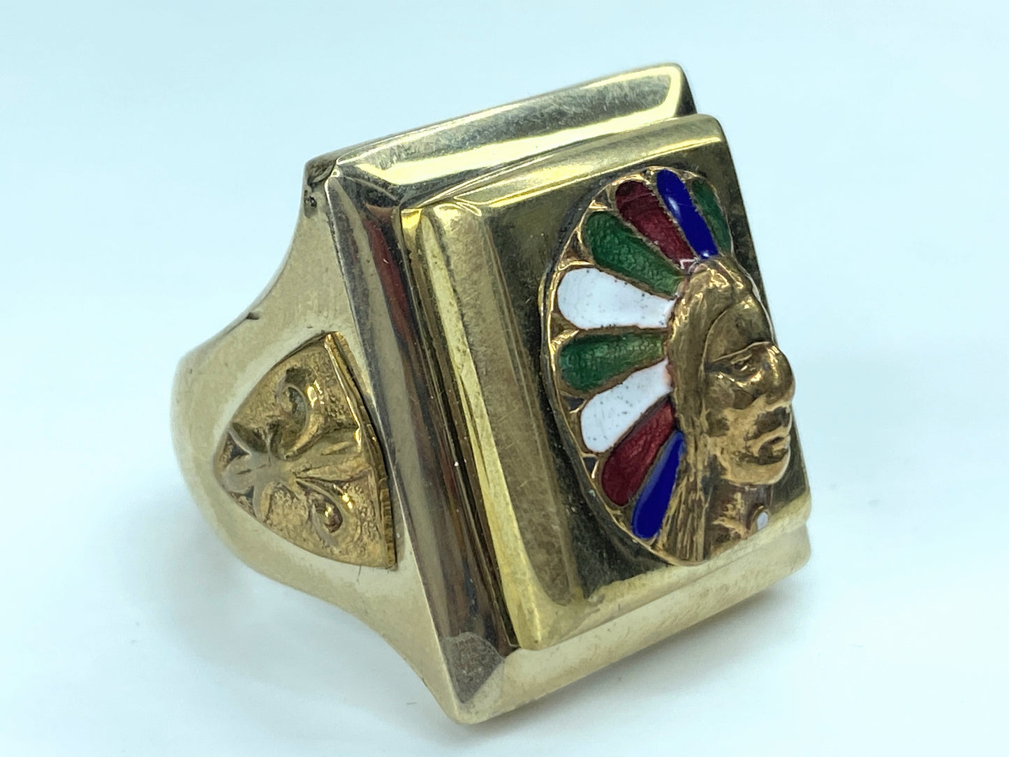 Vintage Enameled Indian Biker's Chief Mexican Ring 42.6g s10.5 JR9852