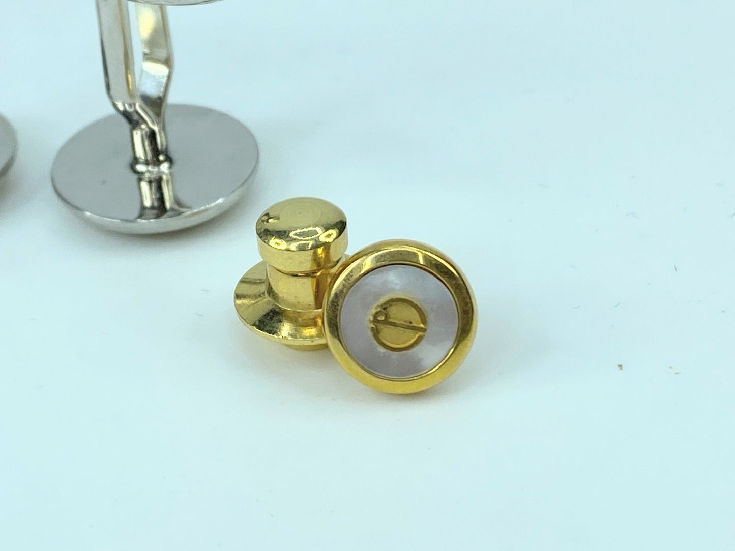 Alfred Dunhill Round Cufflinks & Tie pin D Mark Silver & Gold Bracket GS534
