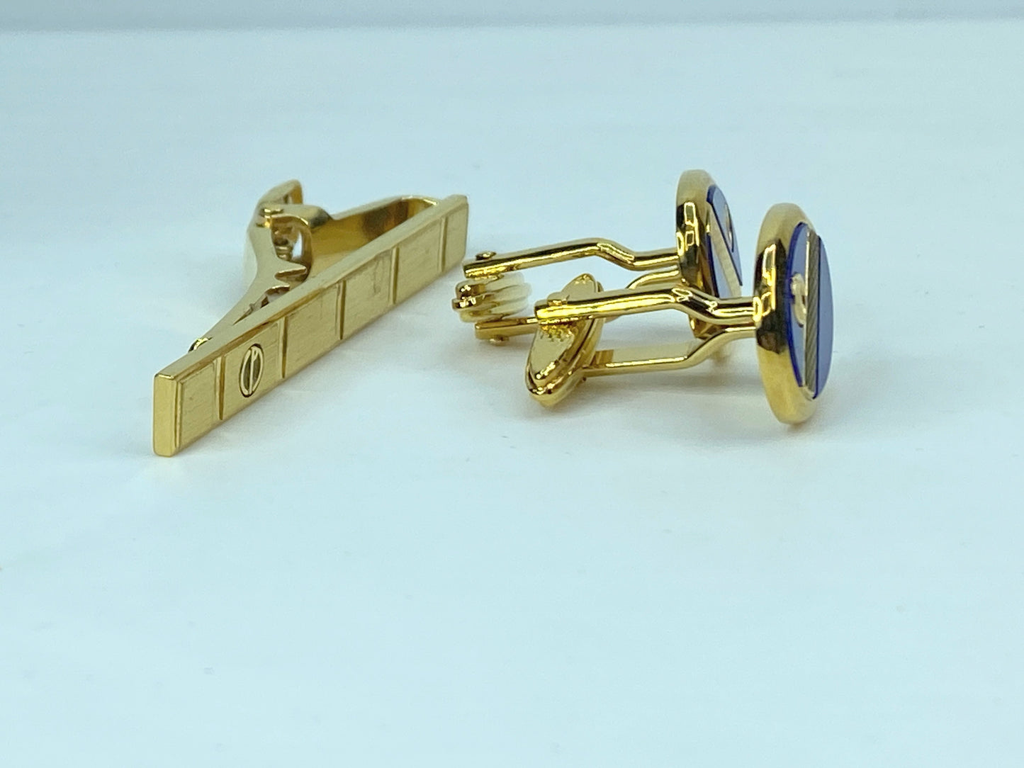 Alfred Dunhill Gold & Blue Cufflinks and Tie Clip Set authentic GS539