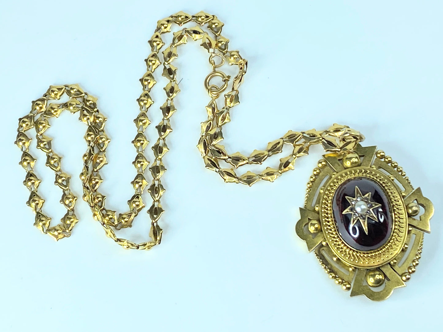 Victorian 18/14k Diamond Pearl Garnet cabochon Fancy necklace