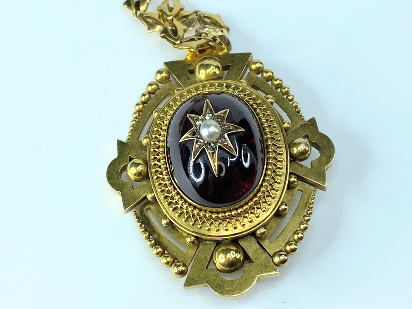 Victorian 18/14k Diamond Pearl Garnet cabochon Fancy necklace