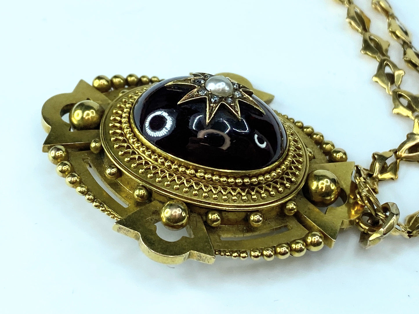 Victorian 18/14k Diamond Pearl Garnet cabochon Fancy necklace