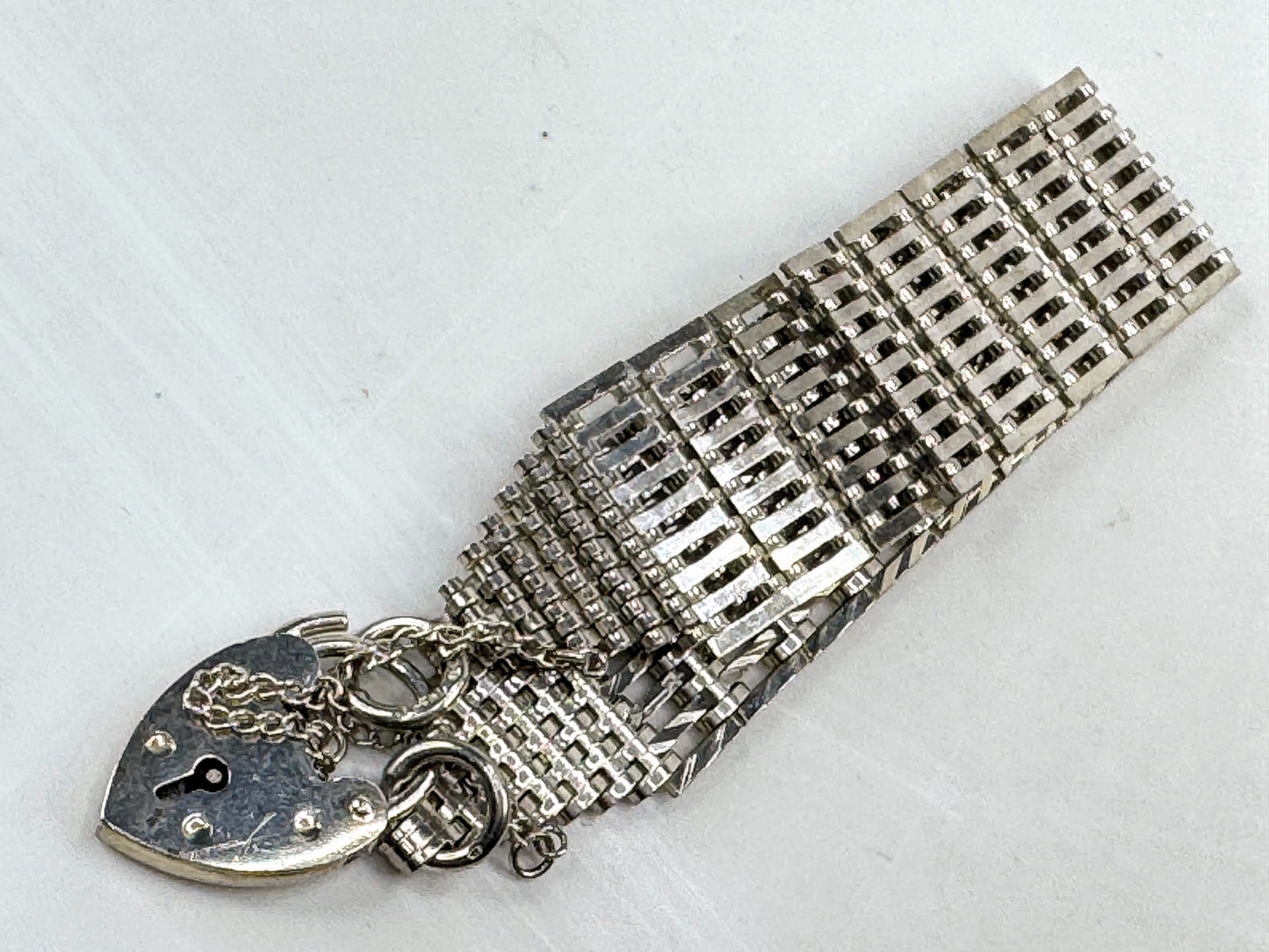 Vintage English Sterling Silver Wide Mesh Gate Bracelet with Heart PadlockJR1823