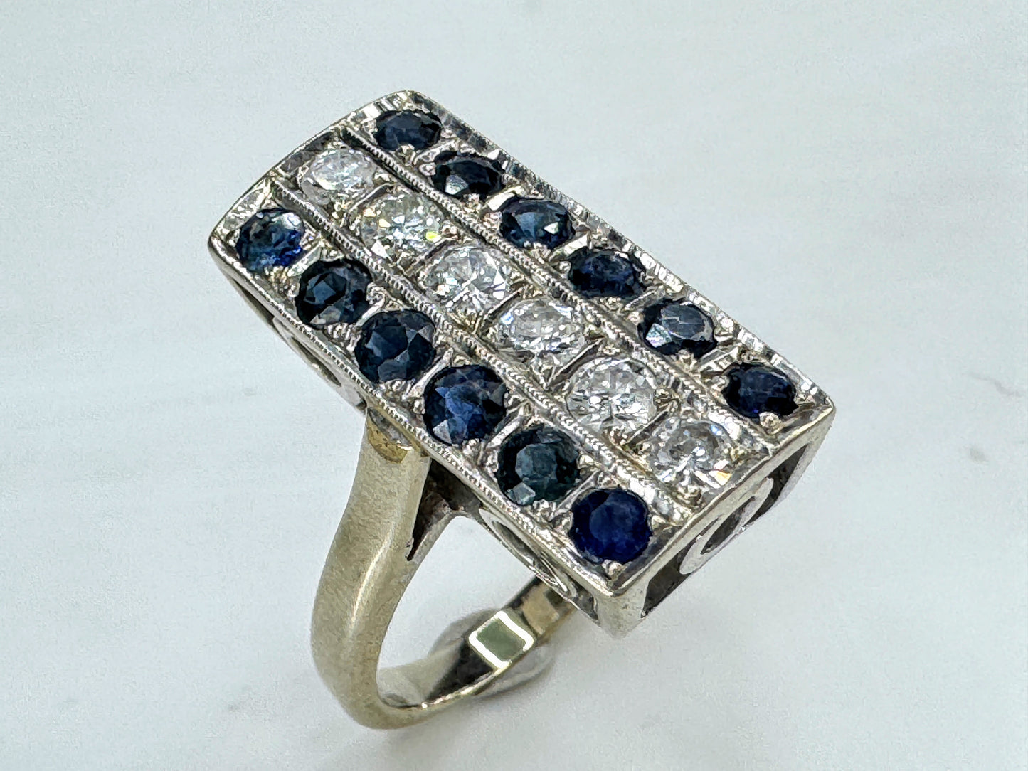 Art Deco 14K White Gold Diamond & Sapphire Ring 1.98 TCW Size 7 JR1852
