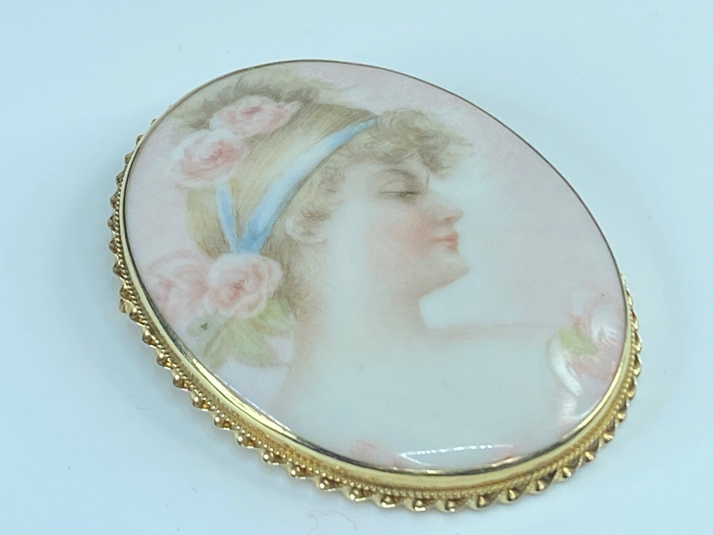 French hand painted young lady bust on porcelain 14K brooch pendant
