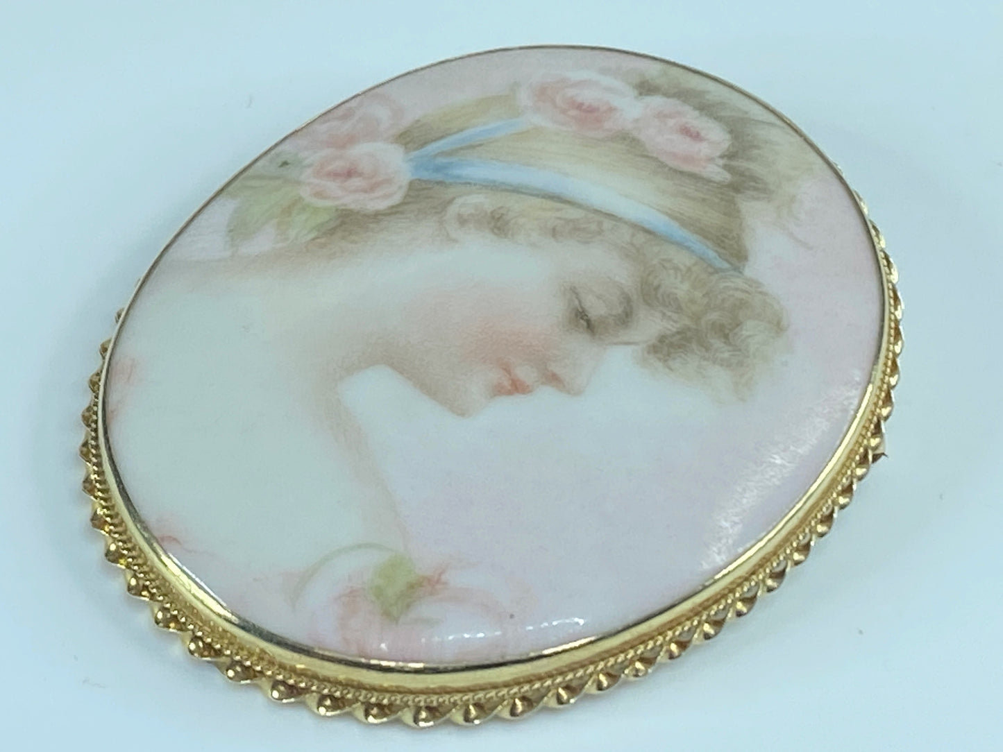 French hand painted young lady bust on porcelain 14K brooch pendant