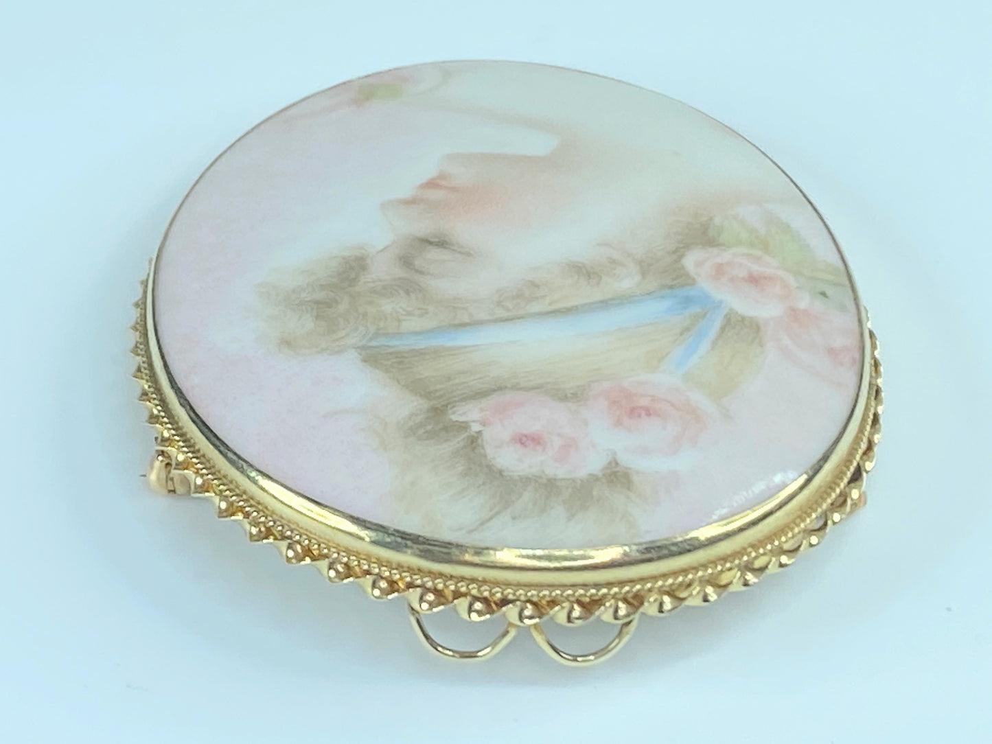 French hand painted young lady bust on porcelain 14K brooch pendant