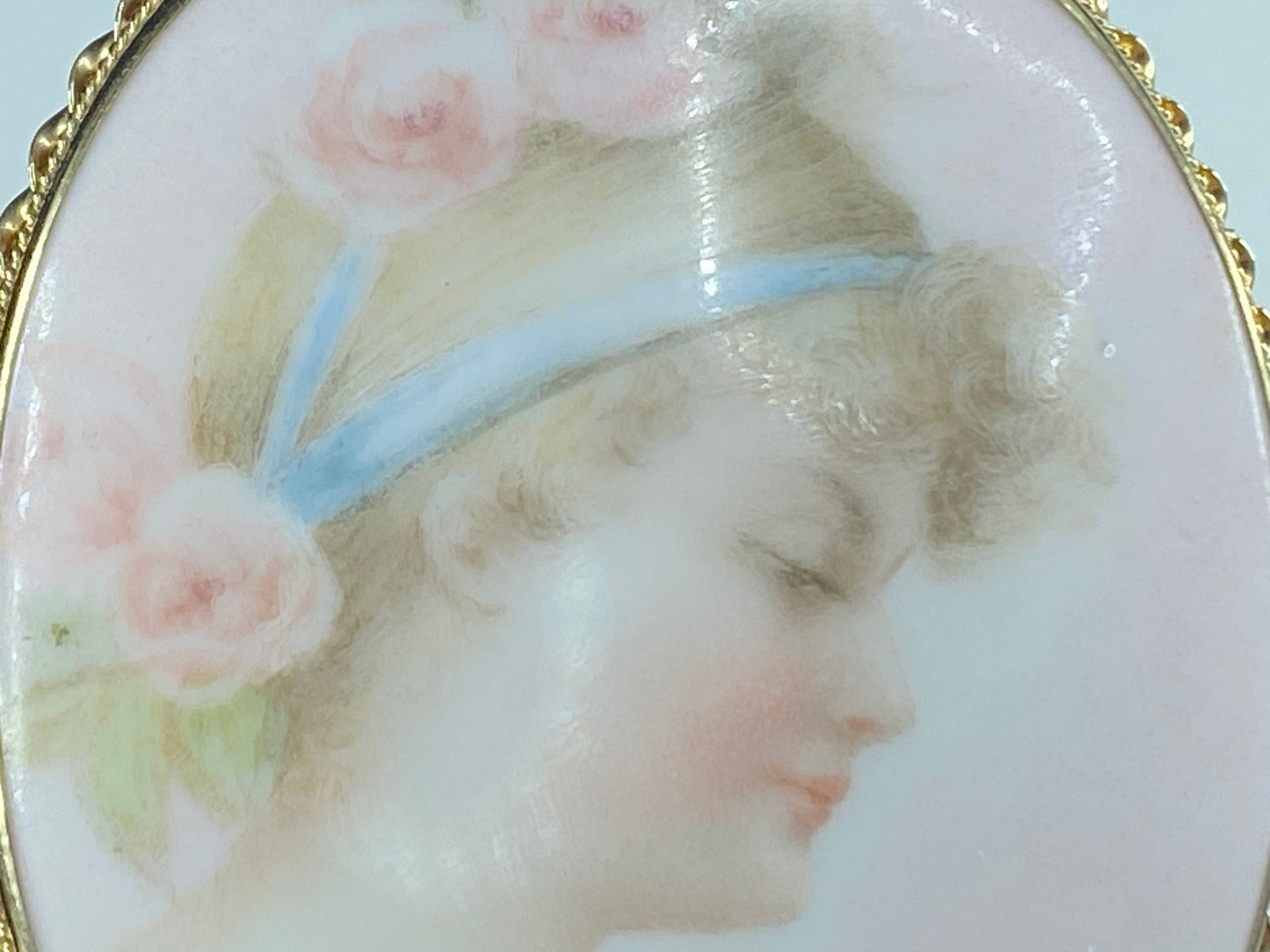 French hand painted young lady bust on porcelain 14K brooch pendant