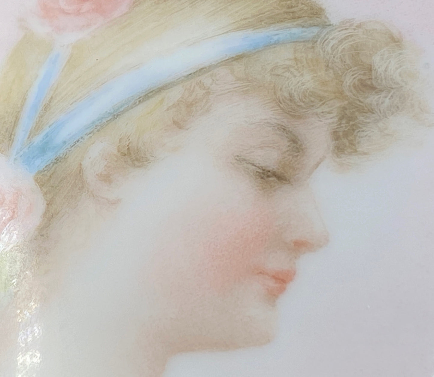 French hand painted young lady bust on porcelain 14K brooch pendant