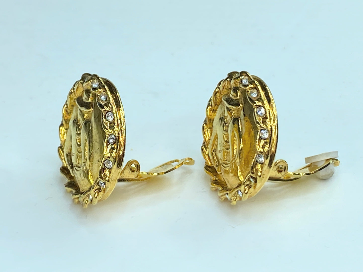 Vintage Chanel Gold Tone Madame Coco Rhinestone Round Clip on Earrings GS257