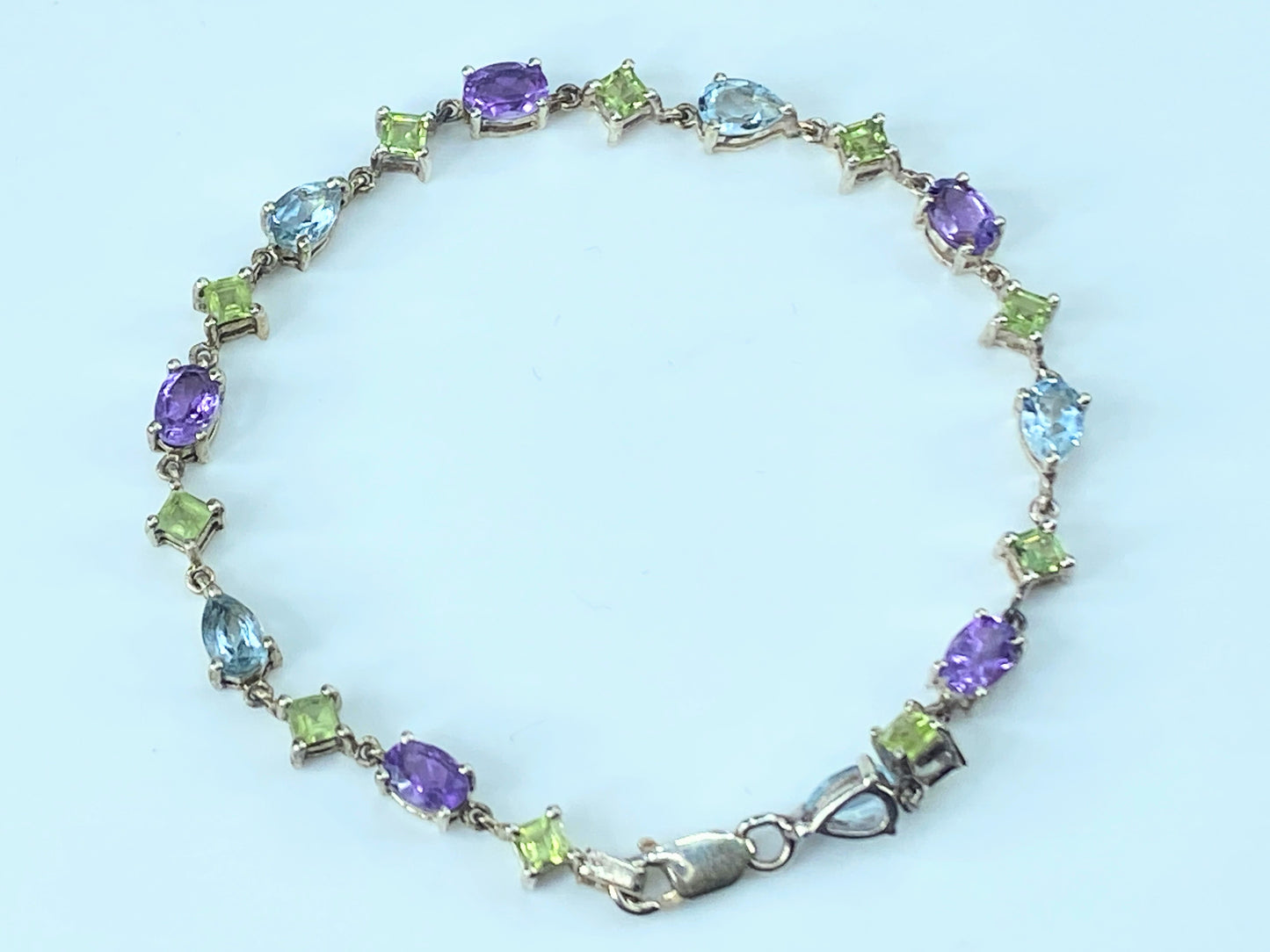 Sterling Peridot Topaz & Amethyst Chain Bracelet 7 1/4" 6.7g JR8874