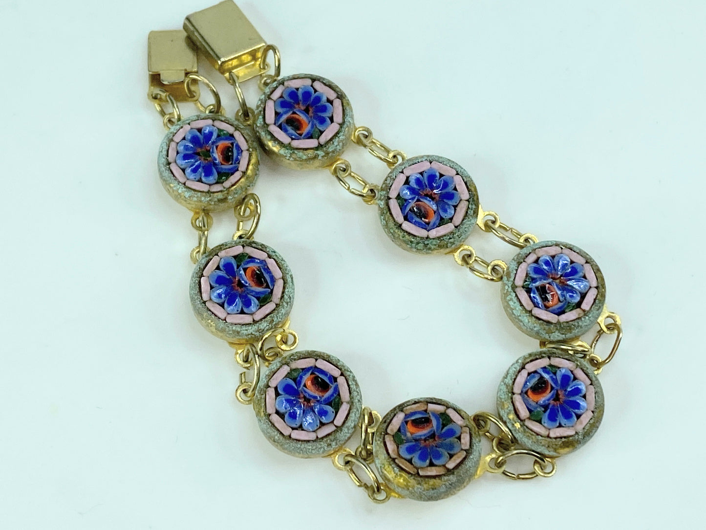 Early 20th Century Micro Mosaic Bracelet Round Links gold tone 7.5" GS276