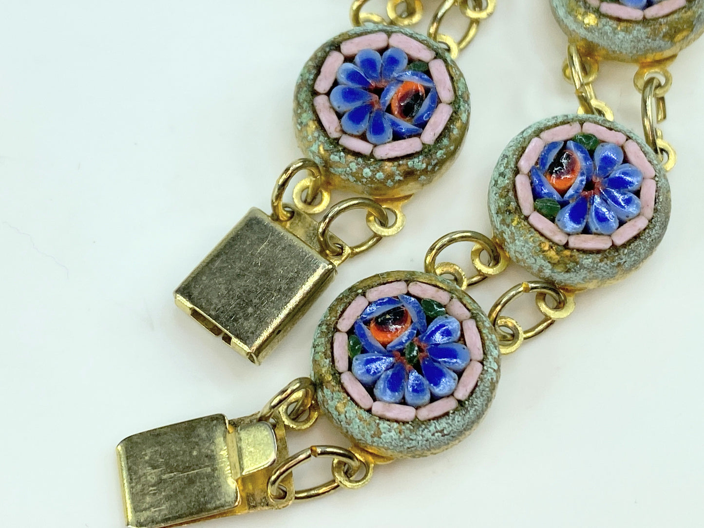Early 20th Century Micro Mosaic Bracelet Round Links gold tone 7.5" GS276