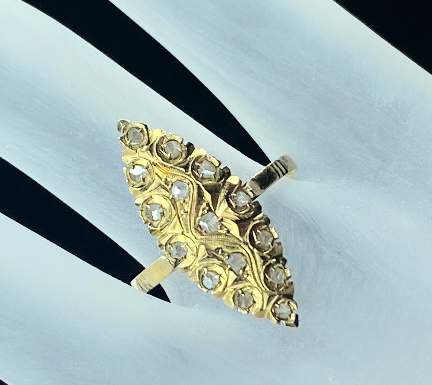 Victorian Rose Cut Diamond Navette 14K Gold Ring JR8908