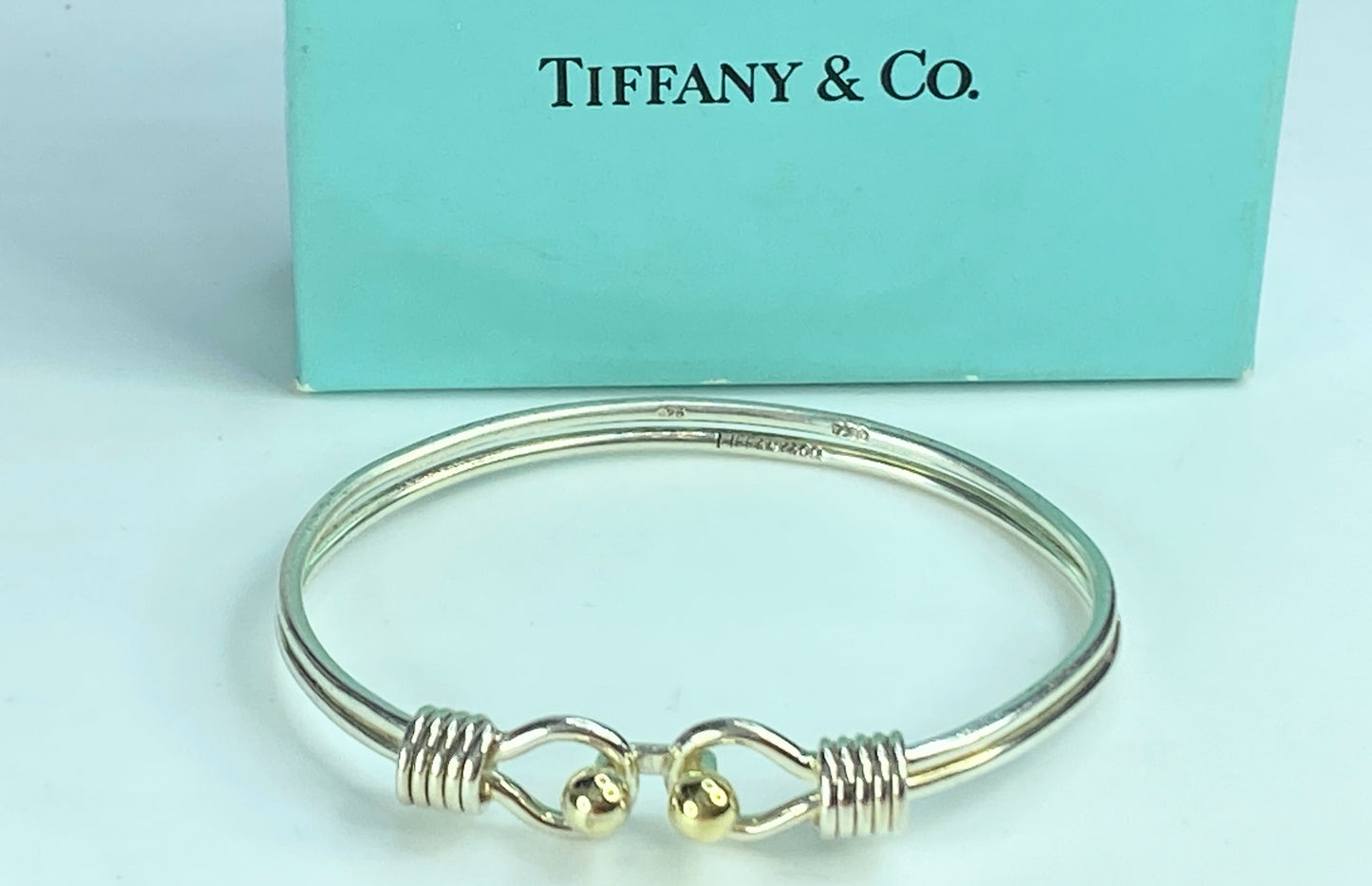 Tiffany & Co Sterling Silver 18k Gold Double Ball Hook Bangle bracelet 6.5 JR626