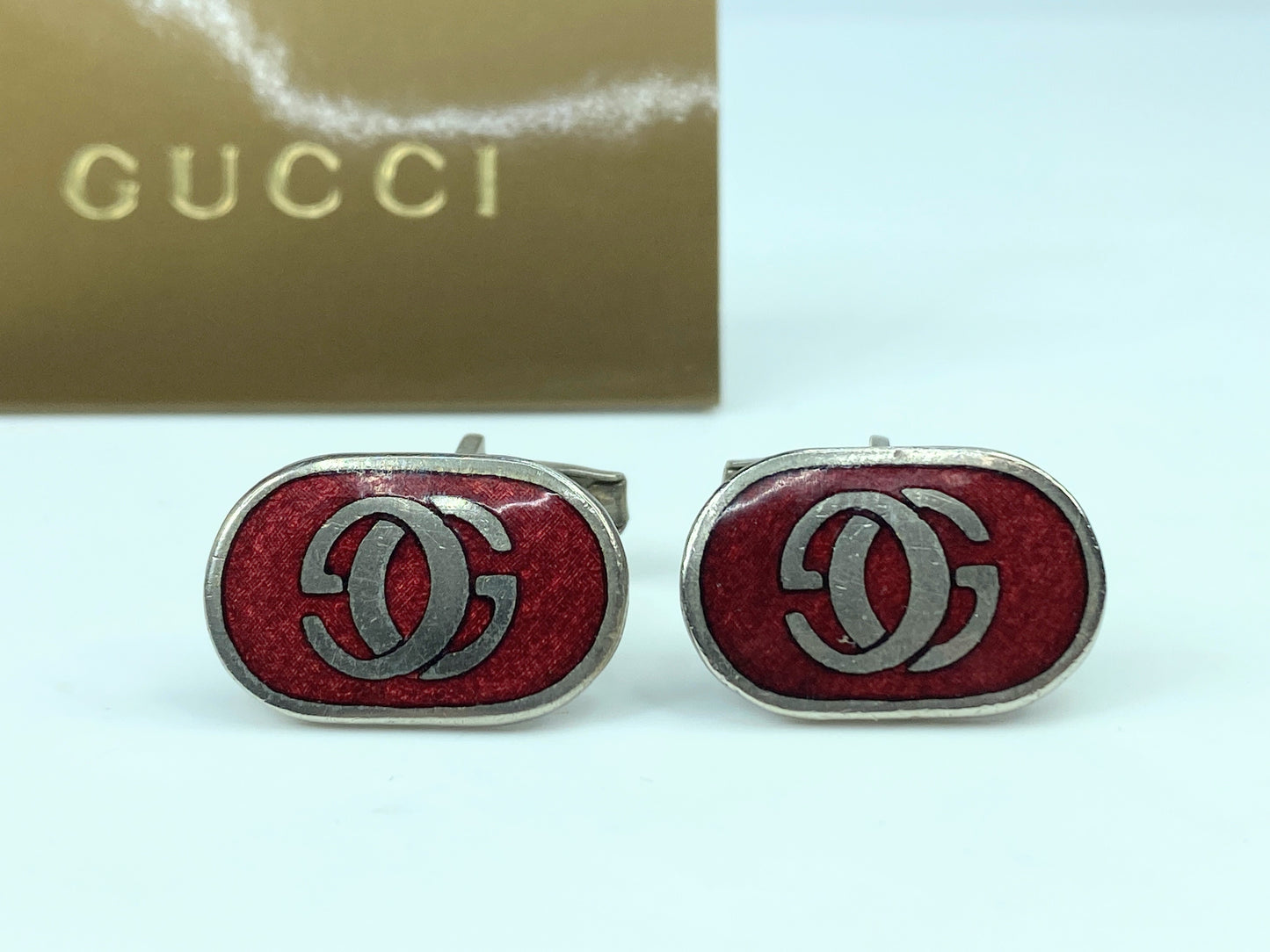 Italy Gucci Interlocking G Logo Silver Red Enamel Oval cufflink GS475