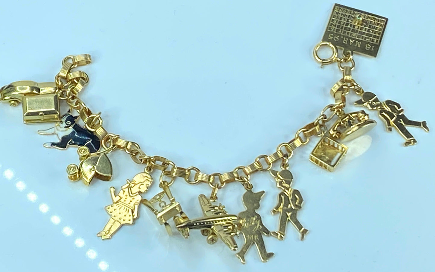 14K gold enamel Mechanical gem charms in fancy charm bracelet