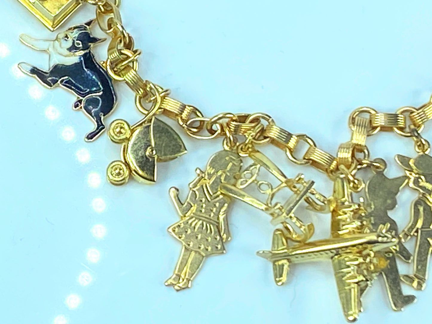 14K gold enamel Mechanical gem charms in fancy charm bracelet
