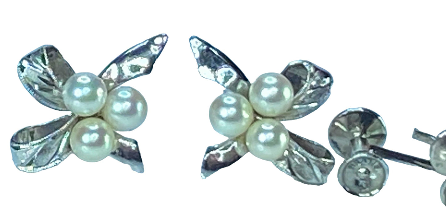 MIKIMOTO 14K/SS 4.5mm Three Akoya Pearls Ribbon bow stud earrings