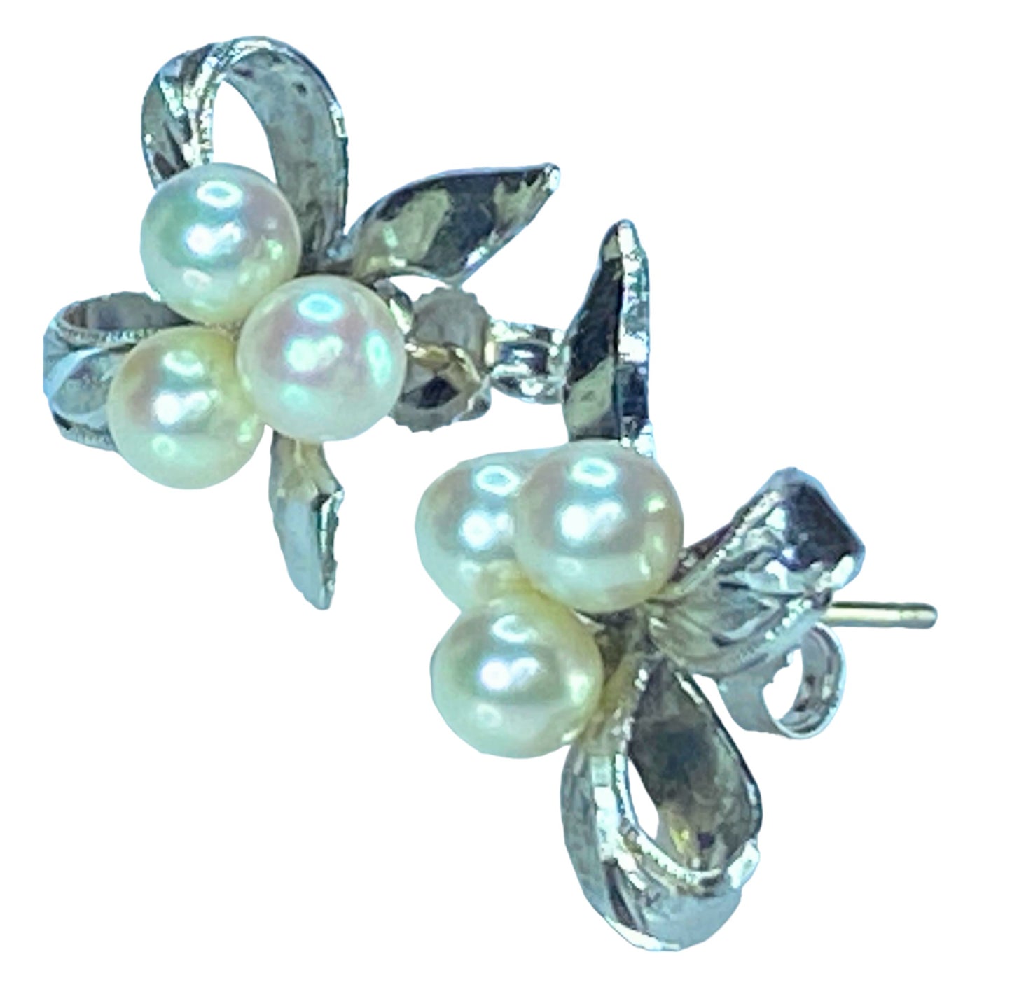 MIKIMOTO 14K/SS 4.5mm Three Akoya Pearls Ribbon bow stud earrings